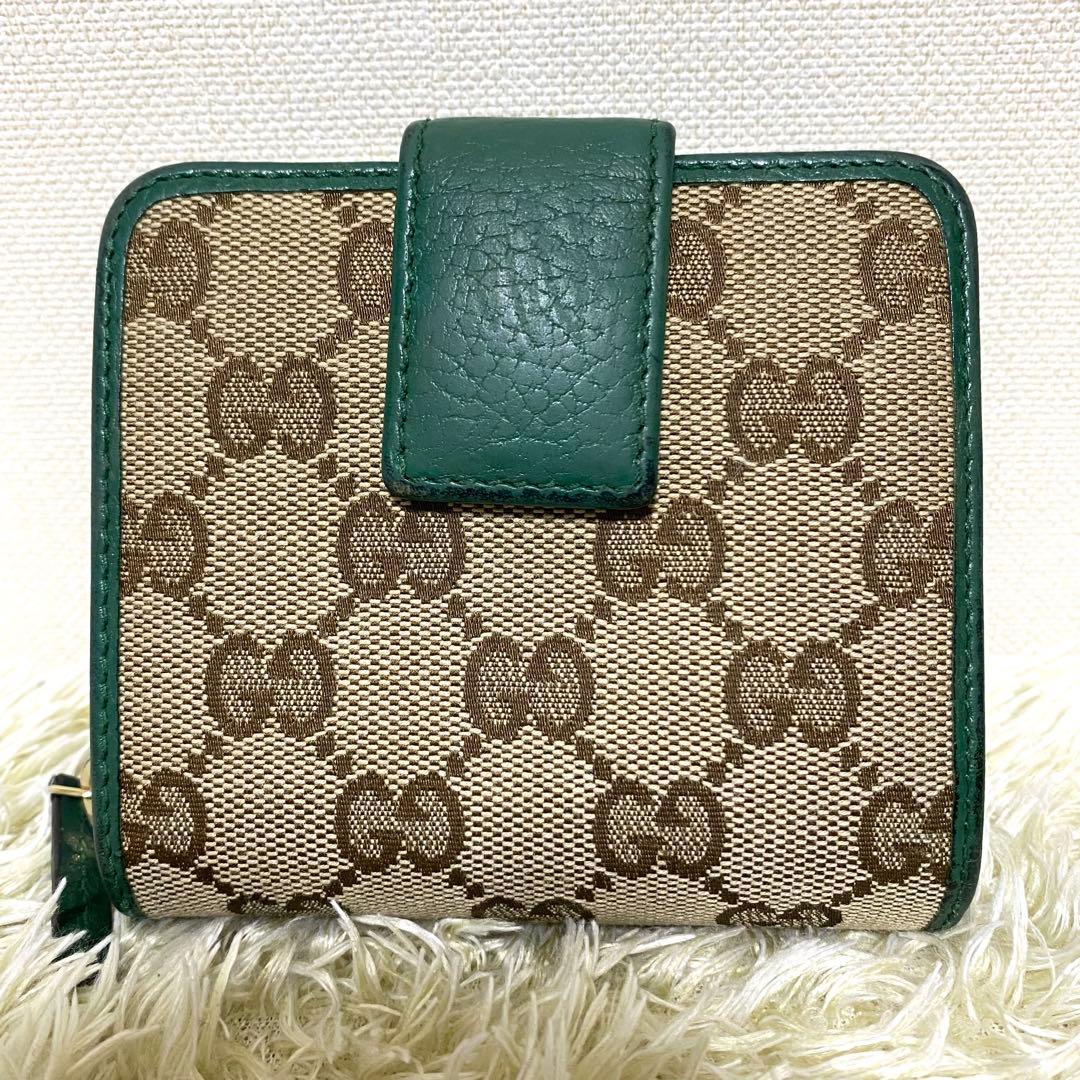 美品✨ GUCCI グッチ 折り財布 GGキャンバス ラウンドジップ グリーン