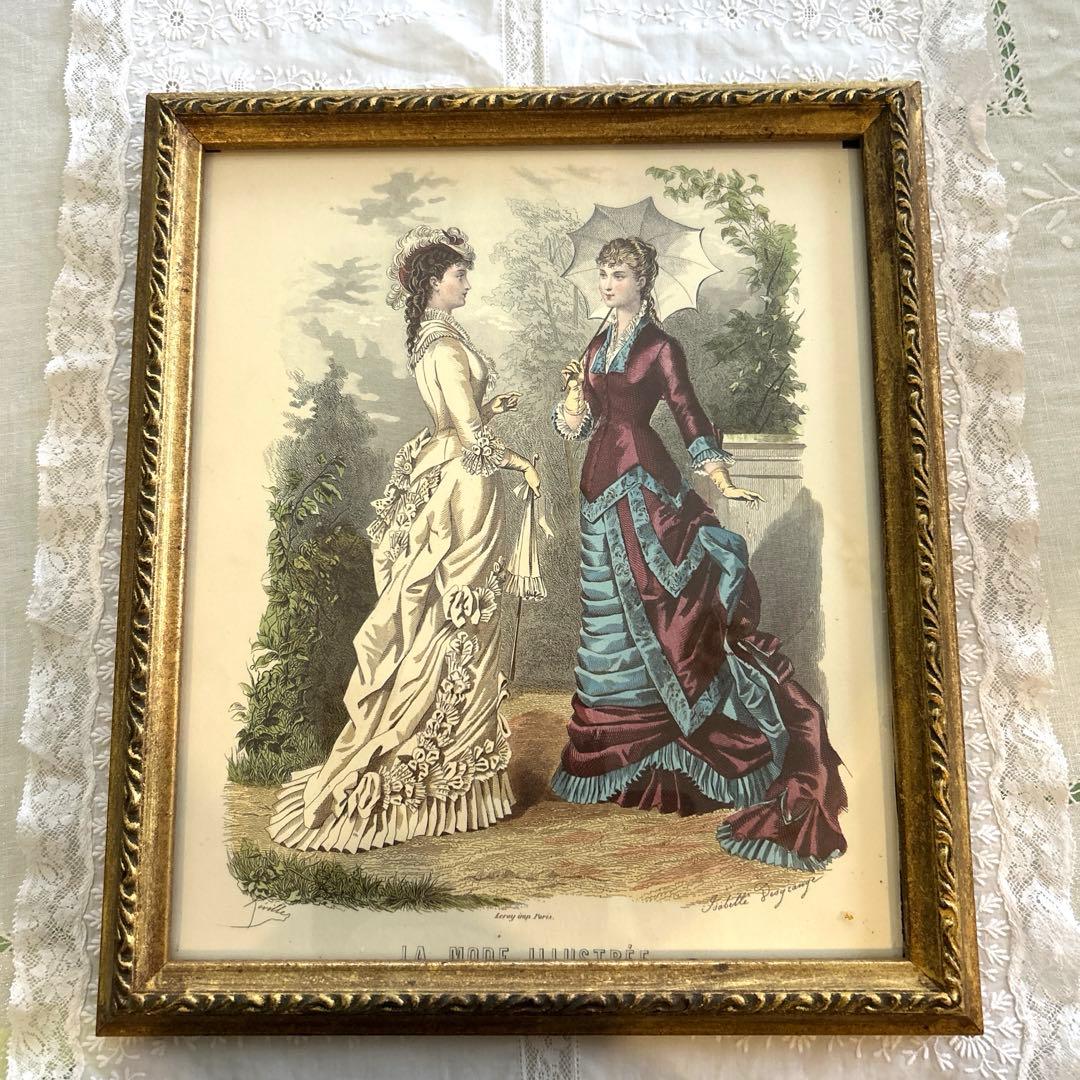 アンティーク版画　19世紀 フランス ファッションプレート 額装手彩色リトグラフ
