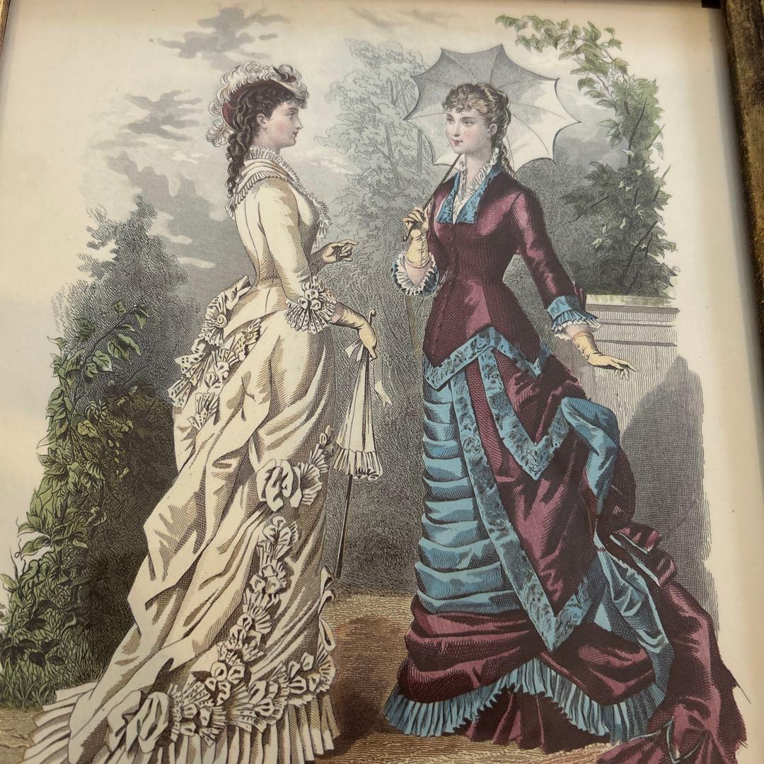 アンティーク版画　19世紀 フランス ファッションプレート 額装手彩色リトグラフ