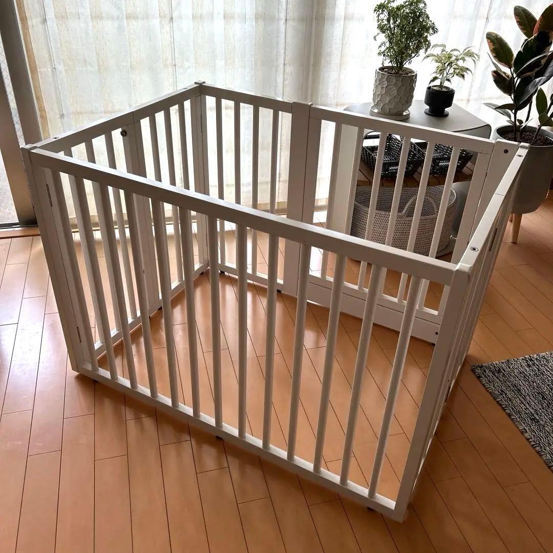 石崎家具 木製ワンタッチペットサークル ホワイトS 犬用ケージ 天然木 日本製