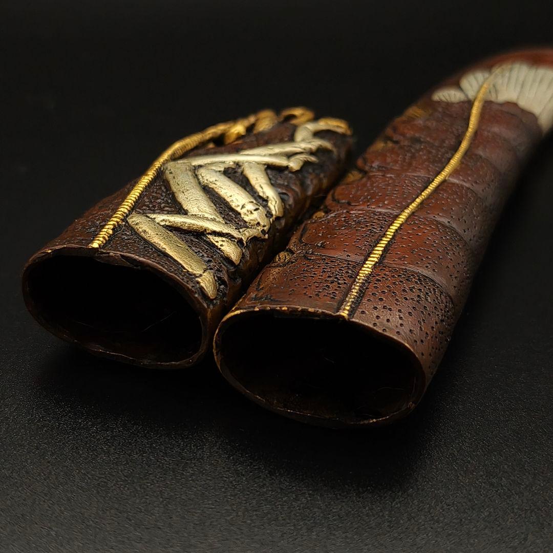 年末セール　銅製刀装具　短刀拵え　柄鞘　伊勢海老の図　金銀メッキ　金工　細工