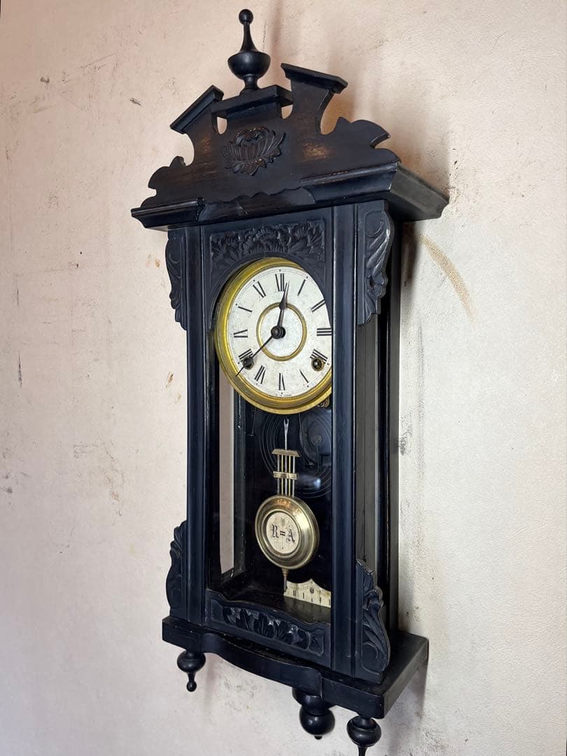 ミニチュア　黒塗スリゲル　柱時計　古時計　振り子　精工舎　ユンハンス　ゼンマイ