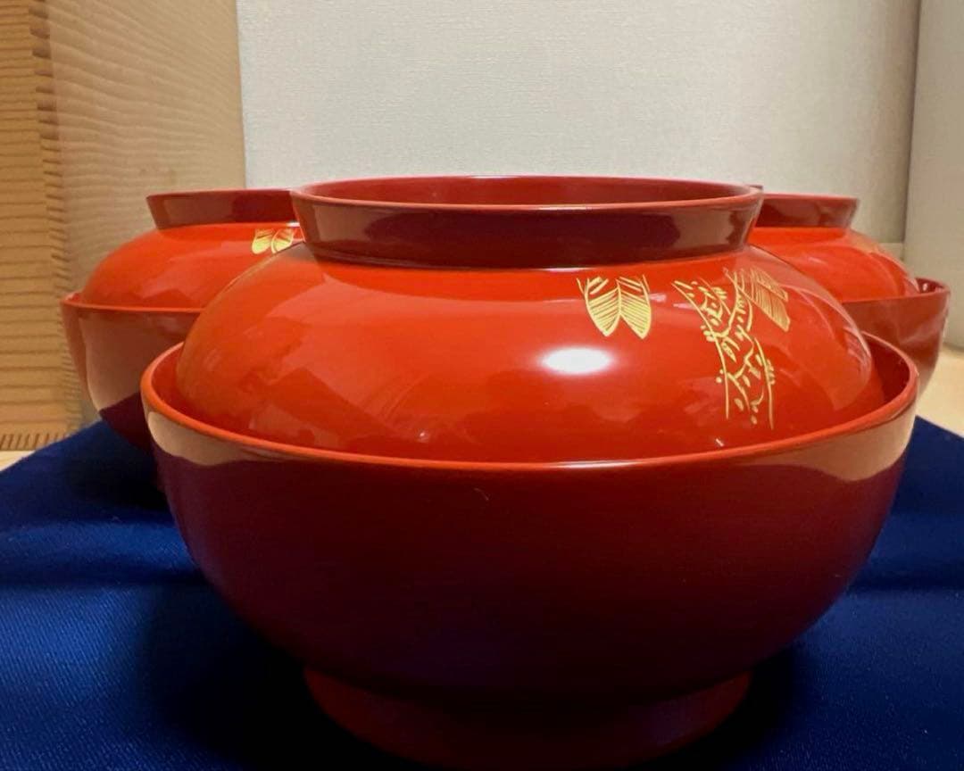 輪島塗　漆器　蓋付 吸物椀　沈金　朱塗　煮物　雑煮　8客　汁椀　鷹と松紋