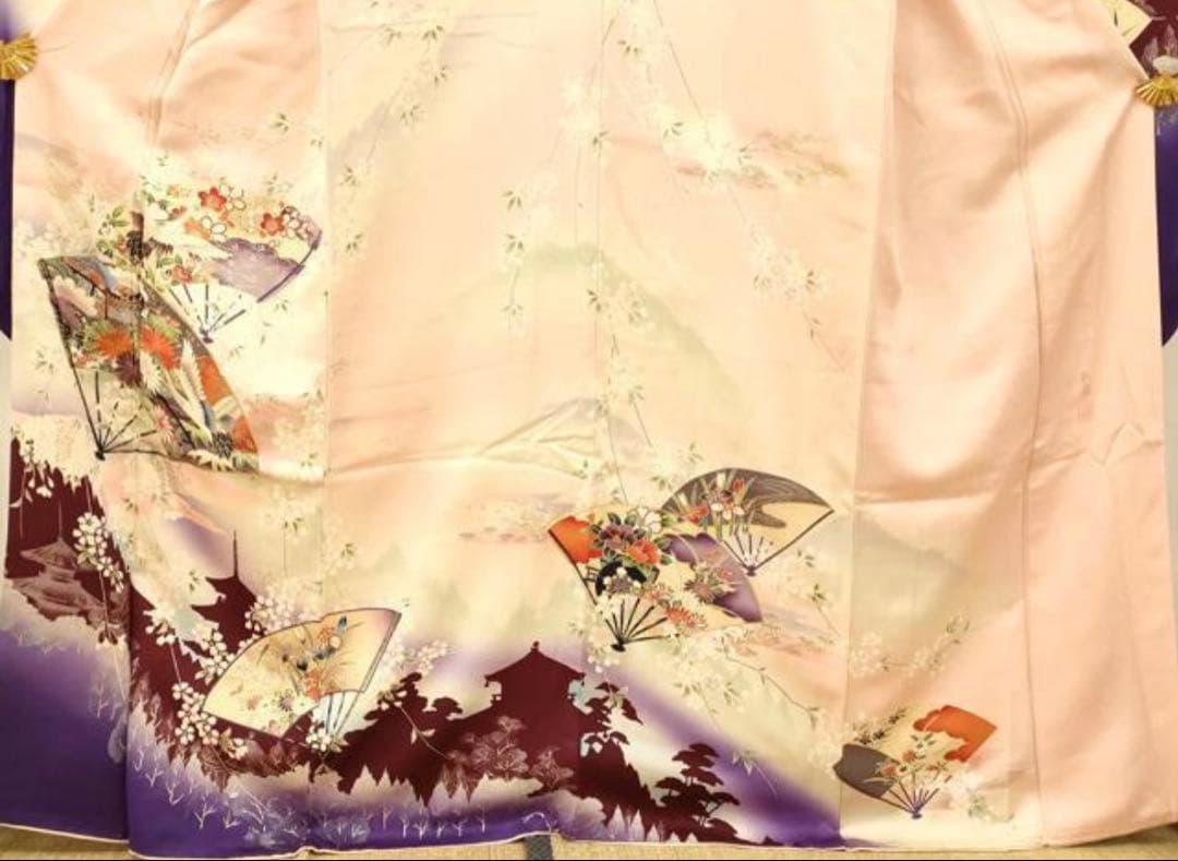 振袖 フルセット6点サイズM〜Ｌ扇子御所車鶴文　暈し染め　金糸　銀彩　正絹