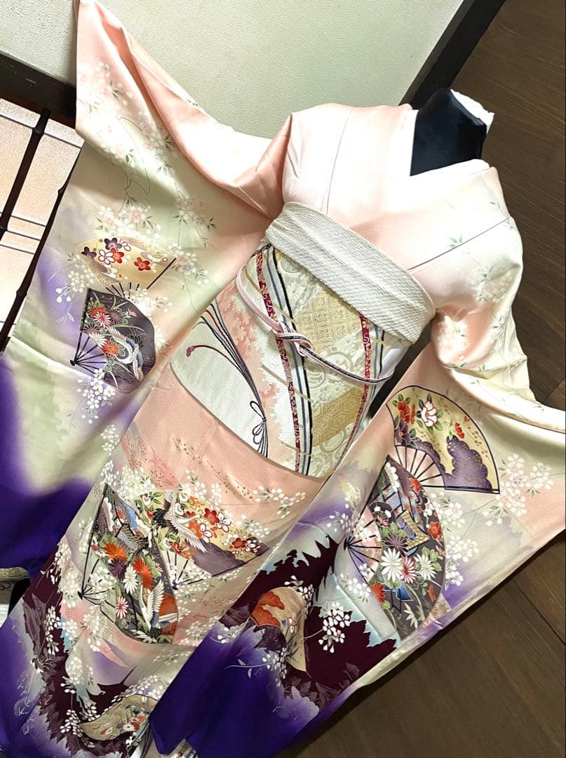 振袖 フルセット6点サイズM〜Ｌ扇子御所車鶴文　暈し染め　金糸　銀彩　正絹