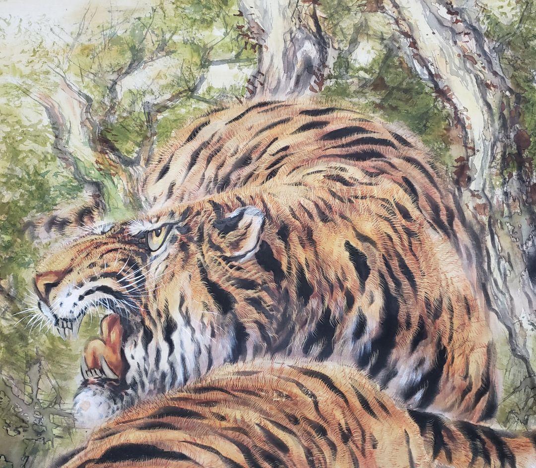 【猛虎双頭図】玉置頼石 2589 トラ 掛け軸　肉筆