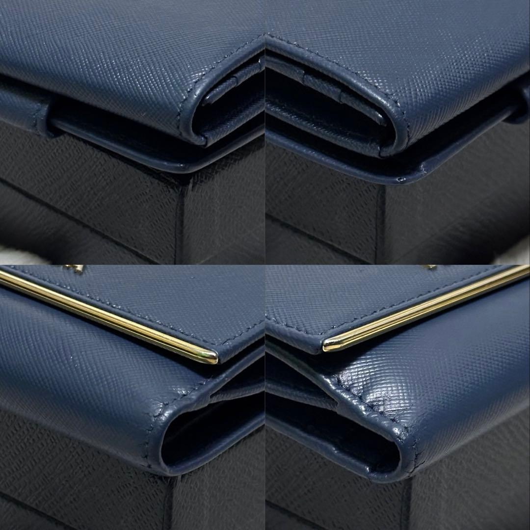 PRADA プラダ　折り財布　ゴールドロゴ ブルー　サフィアーノレザー