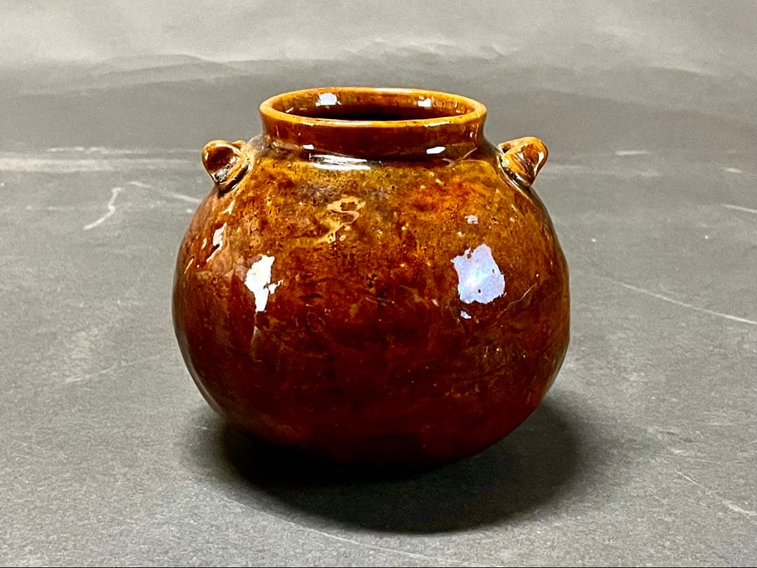「母」 大樋焼 双耳 飴釉 古壺 時代箱 古窯 （225A③）❗️割引