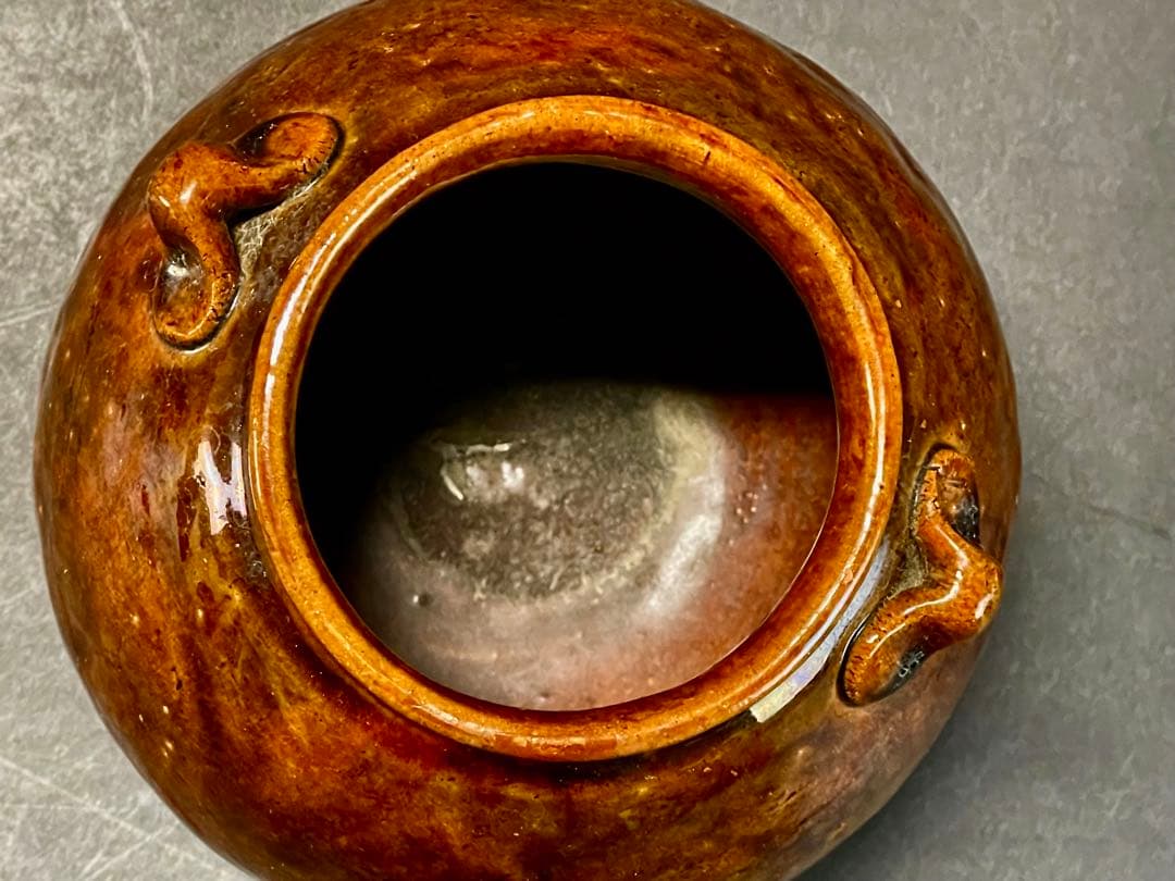 「母」 大樋焼 双耳 飴釉 古壺 時代箱 古窯 （225A③）❗️割引