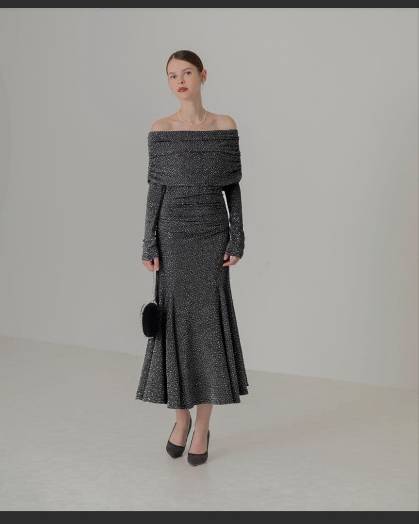 LEJAストーンオフショルダーアームカバー付2WAYマーメイドワンピースドレス