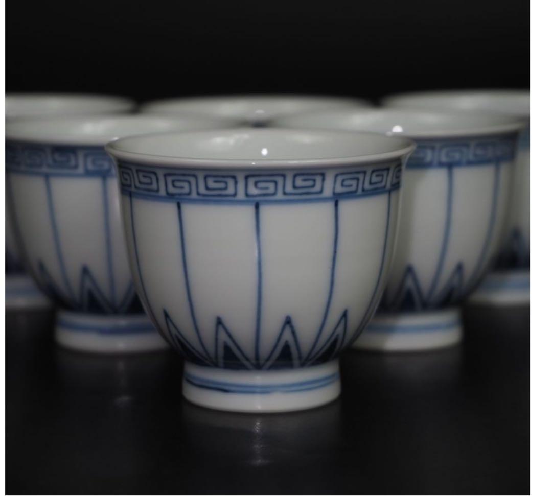 送料無料　京焼　平安和峰造　総手描き青華煎茶碗6客　未使用　煎茶道具