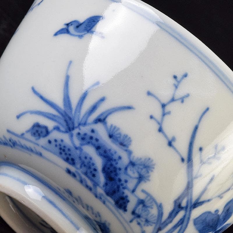 煎茶道具　平安陶工　清山造　染付　花鳥文　煎茶碗　四客　共箱　U　R9303