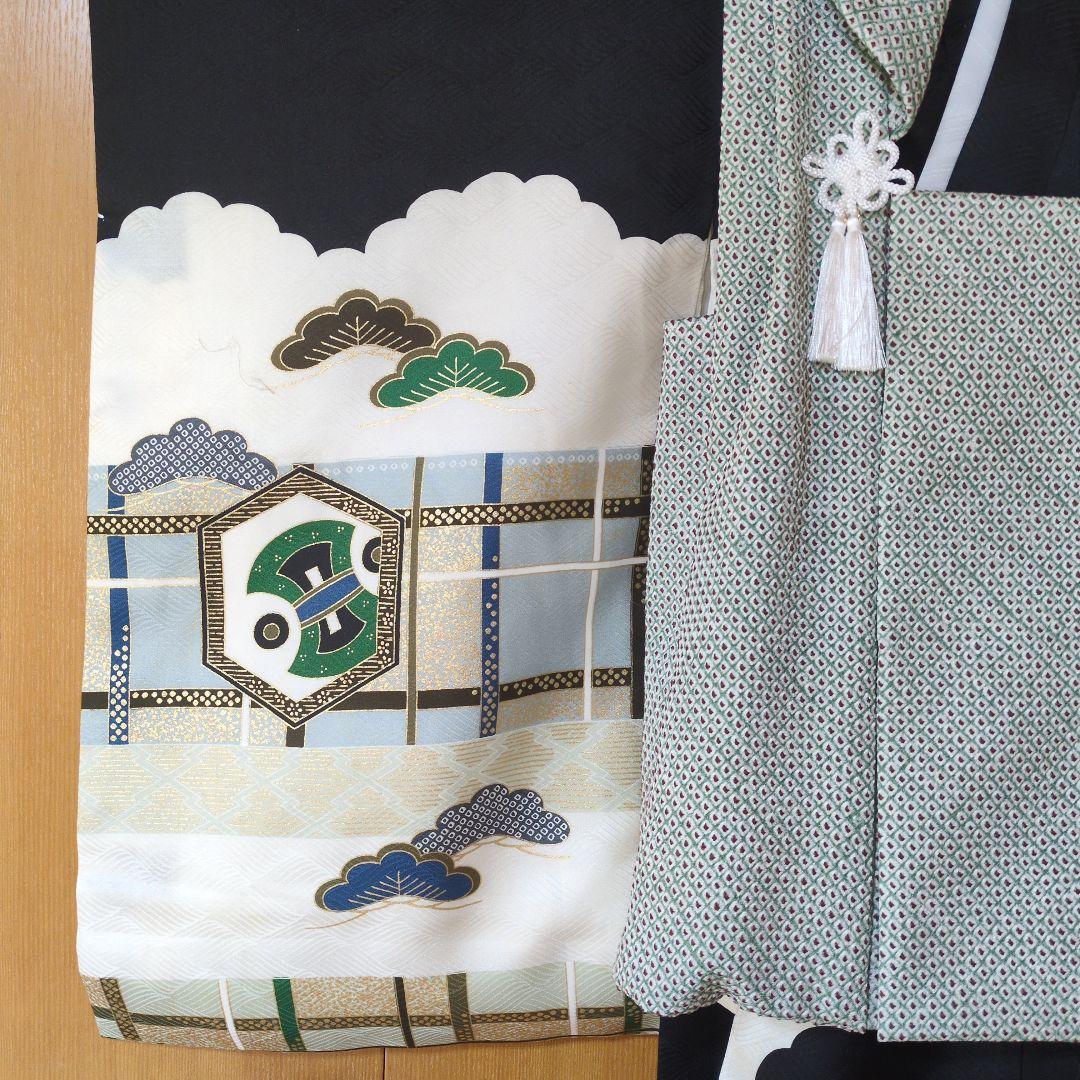 七五三３歳男の子着物と正絹総絞りの被布（中綿無し）ペパーミントグリー