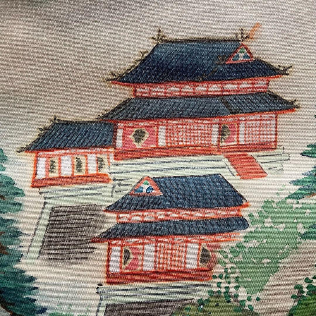 掛軸　風景画　山間部　蓬莱山　お城　押印有　箱付き　作者不明　24.10.20