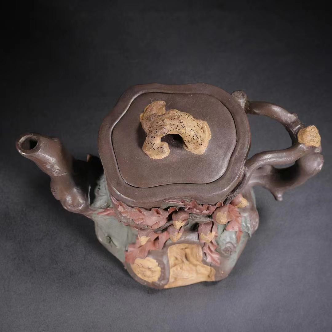 中国古美術・宜興原鉱紫泥 樹桩急須・紫砂壺・底款:蒋蓉・朱泥・急須・茶壺・茶道具