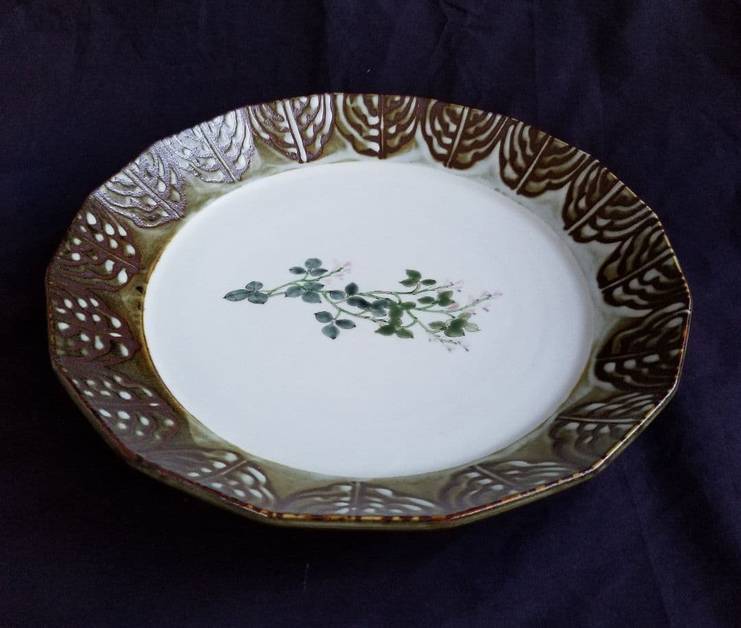 豊福誠 作 色絵磁器萩文皿(未使用 新品同様)