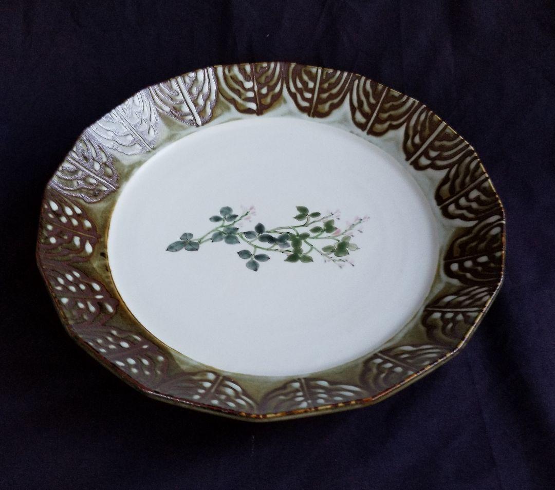 豊福誠 作 色絵磁器萩文皿(未使用 新品同様)