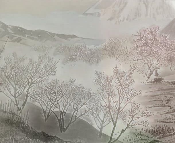 塊石版画、下曽我の梅林と富士、（富士25図の内)定石塊石画昭和6年出版