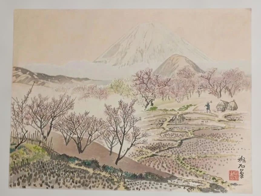 塊石版画、下曽我の梅林と富士、（富士25図の内)定石塊石画昭和6年出版