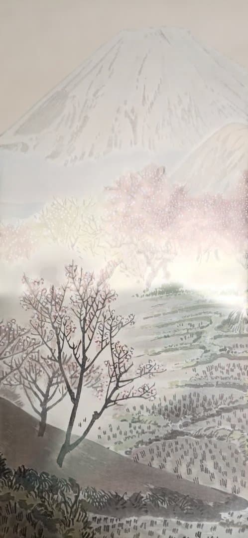 塊石版画、下曽我の梅林と富士、（富士25図の内)定石塊石画昭和6年出版