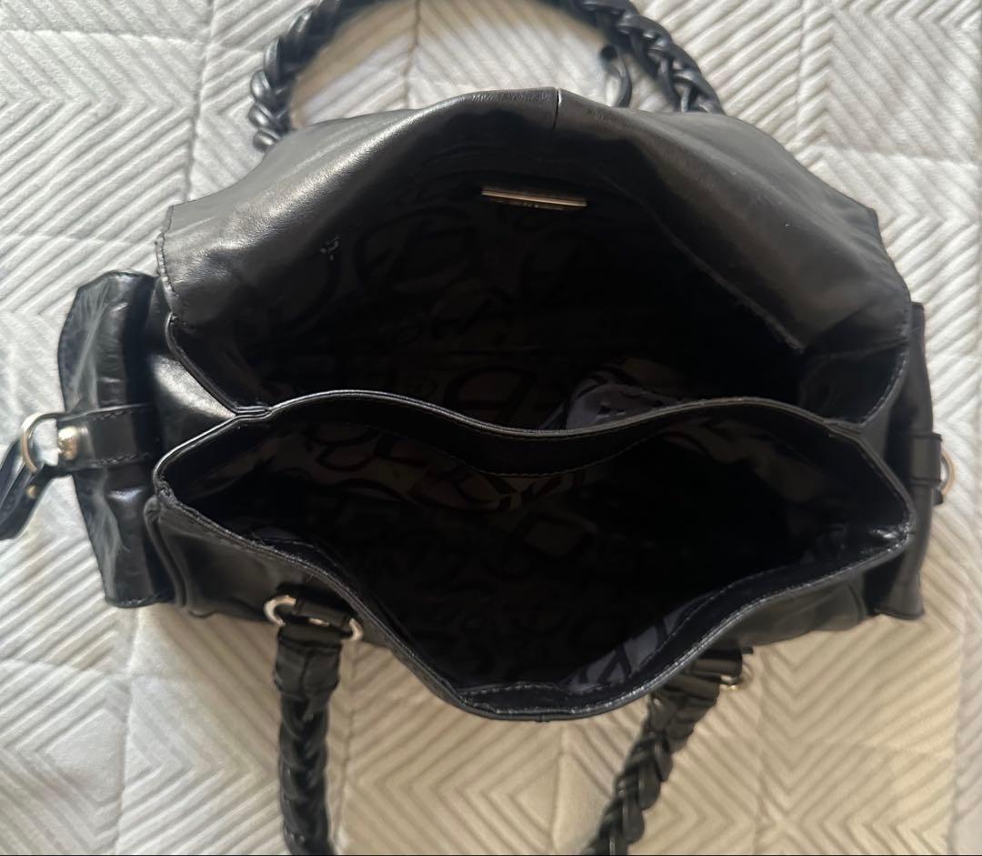 美品 フランチェスコビアジア 編み込みハンドル オールレザーバッグ 黒