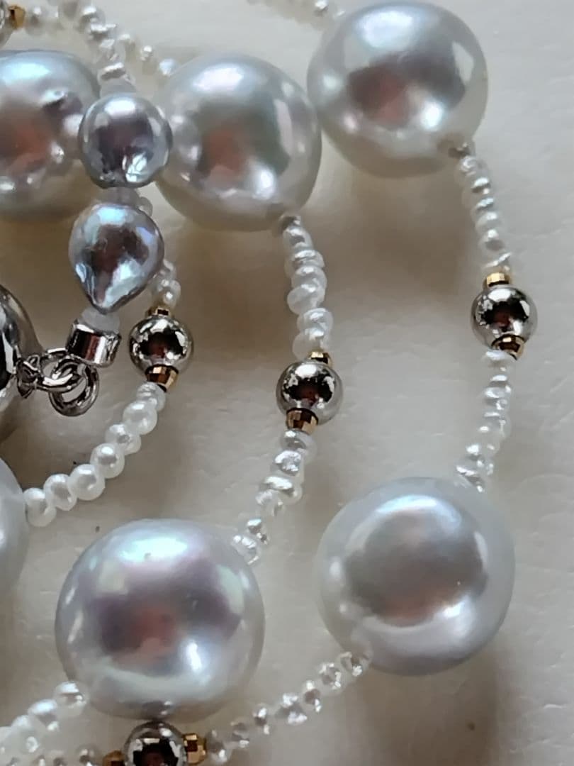 アコヤ真珠シルバーグレーの大珠、あこや砂芥子パールのネックレス