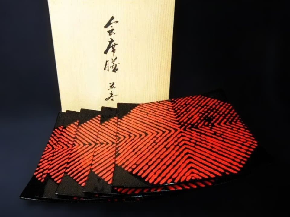 会席膳 本漆器 赤膳 天然木 五客 隅折れ 漆器膳