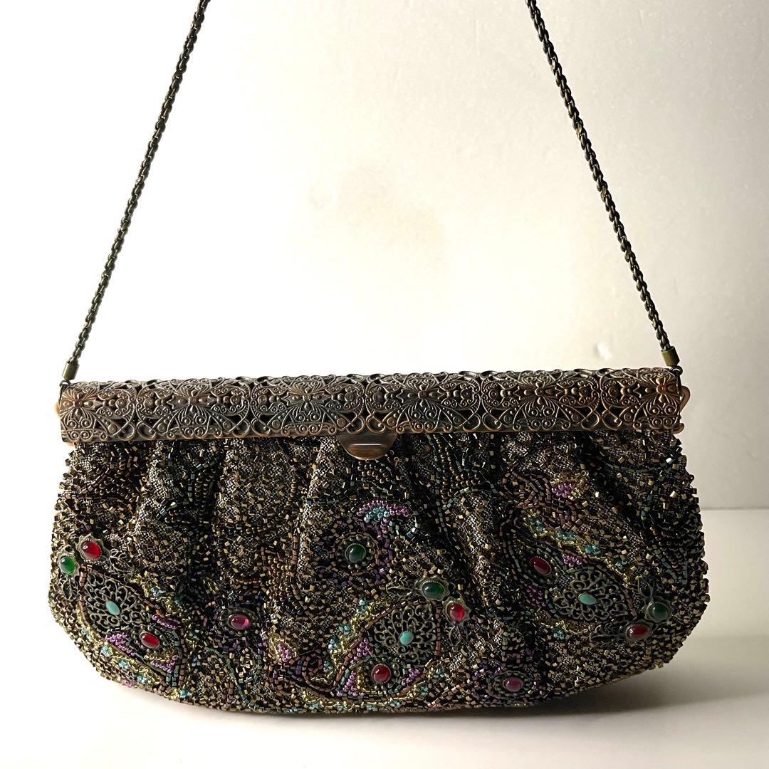 【美品】ルミーはしもと 総ビーズ ハンドバッグ がま口 皇室御用達