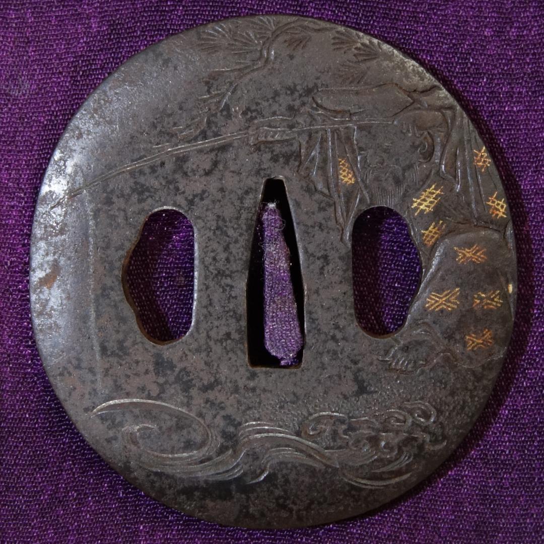 【 太公望図鍔 】 鍔 鐔 鉄地 象嵌 刀装具 武具 骨董 アンティーク