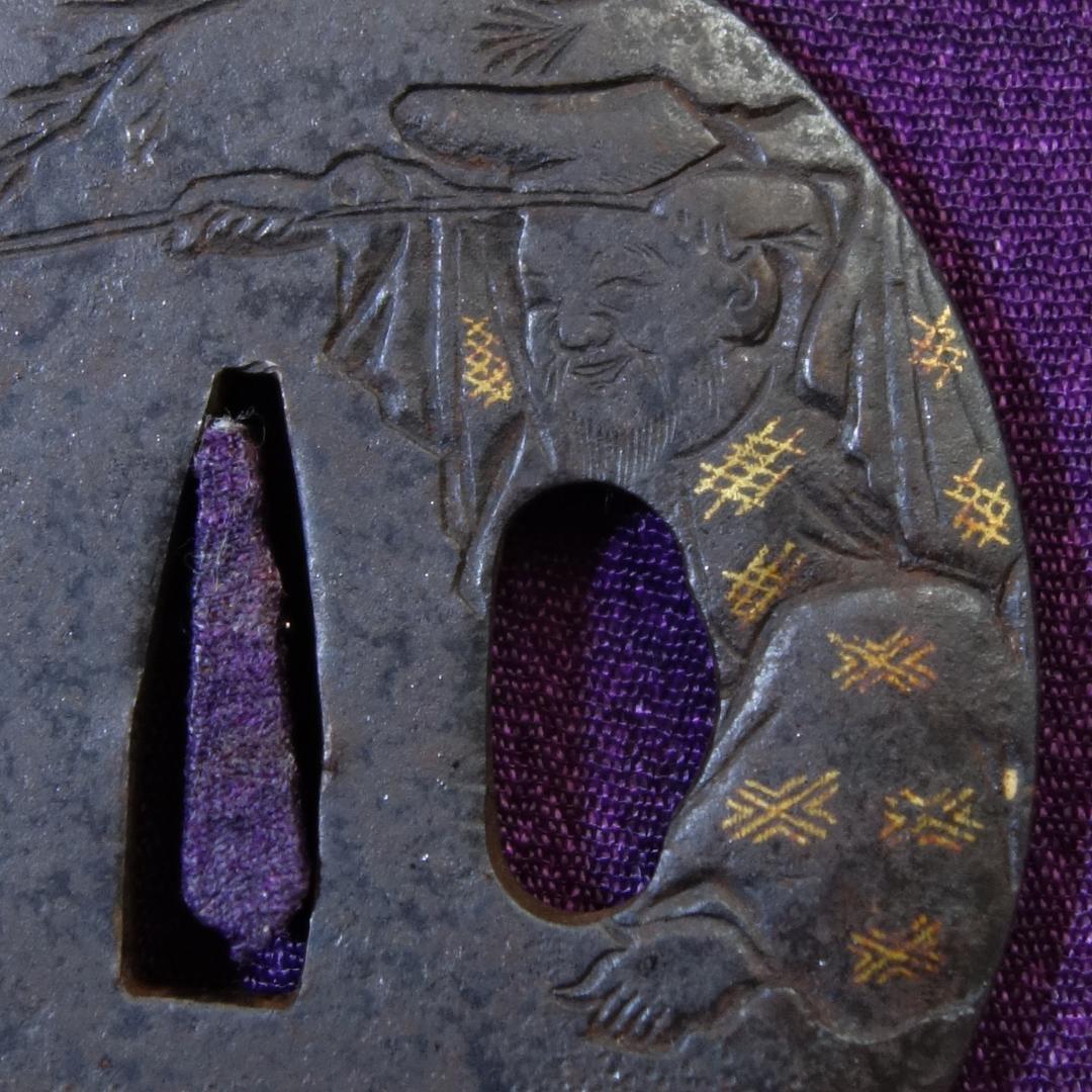 【 太公望図鍔 】 鍔 鐔 鉄地 象嵌 刀装具 武具 骨董 アンティーク