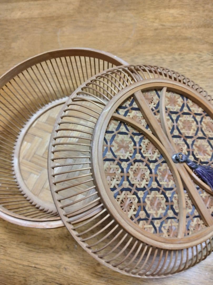 竹製 幾何学模様 菓子器 蓋付き