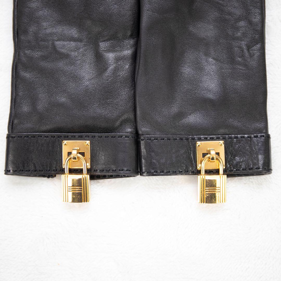 HERMES ブラックレザー手袋 ゴールド金具付き