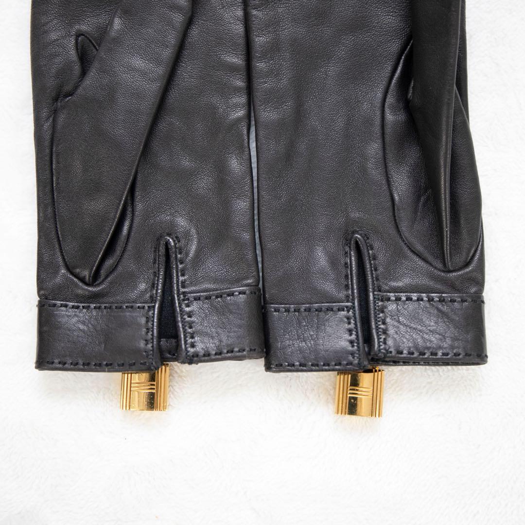 HERMES ブラックレザー手袋 ゴールド金具付き