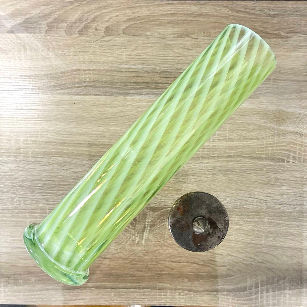 骨董　時代ガラス　希少　黄色乳白色　縞紋　筒型容器　花器　蓋は後付け