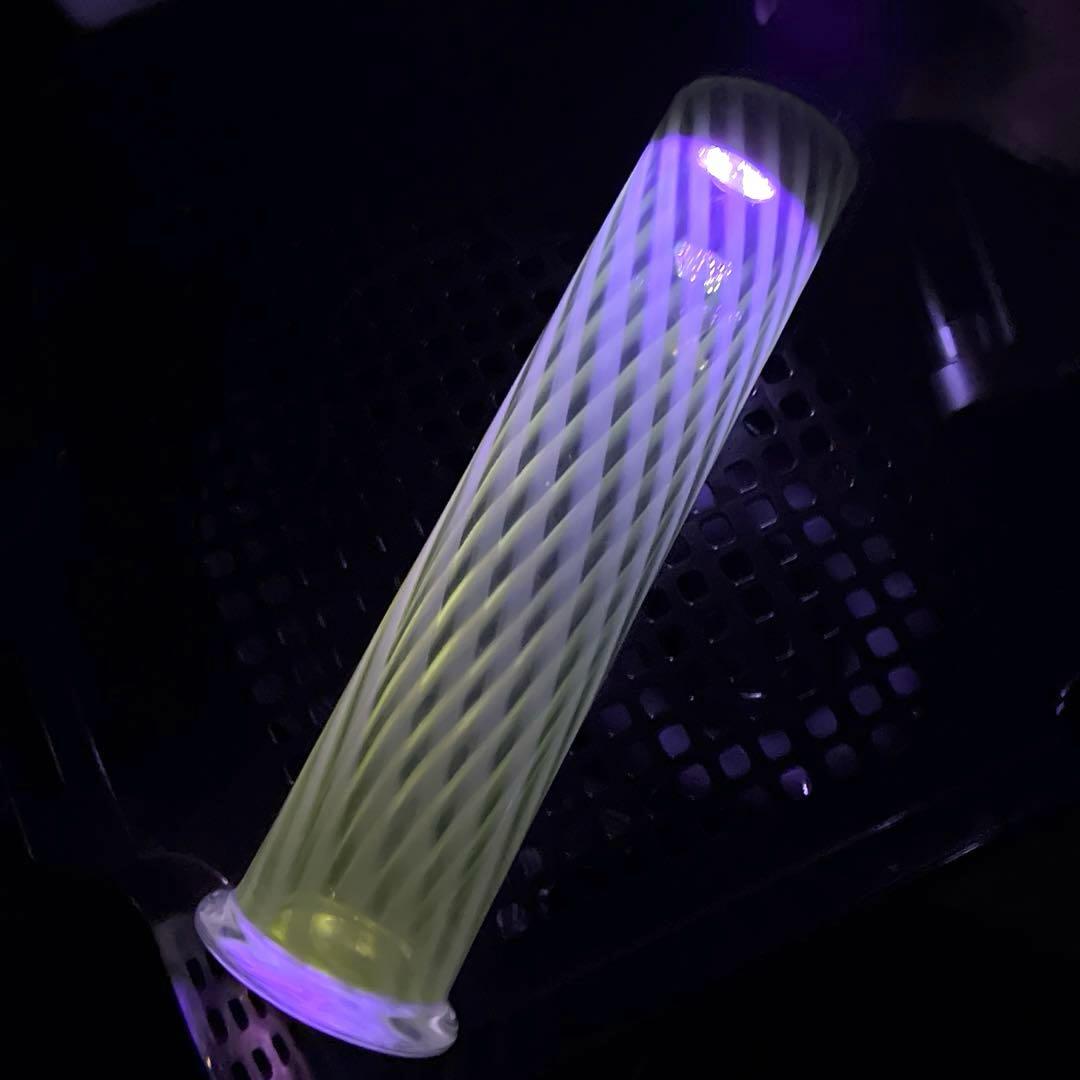 骨董　時代ガラス　希少　黄色乳白色　縞紋　筒型容器　花器　蓋は後付け