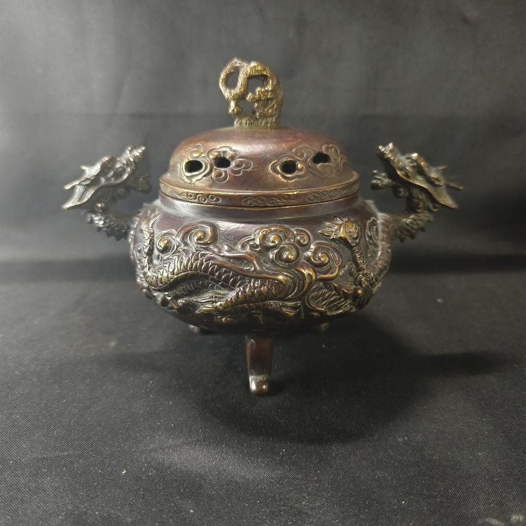 古銅香炉 佐渡名人『本間琢斎』造 双龍文 龍摘 コレクター放出美品 骨董 古美術