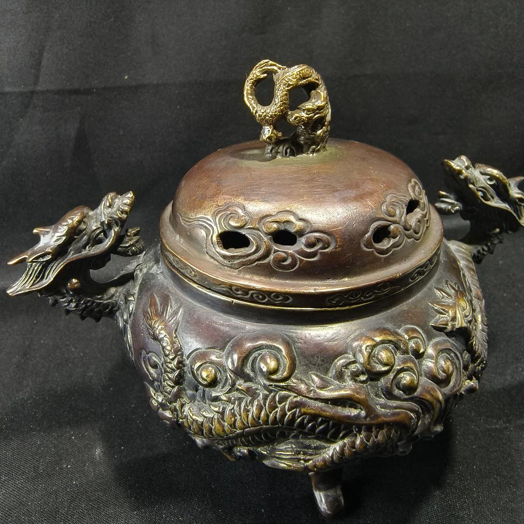 古銅香炉 佐渡名人『本間琢斎』造 双龍文 龍摘 コレクター放出美品 骨董 古美術