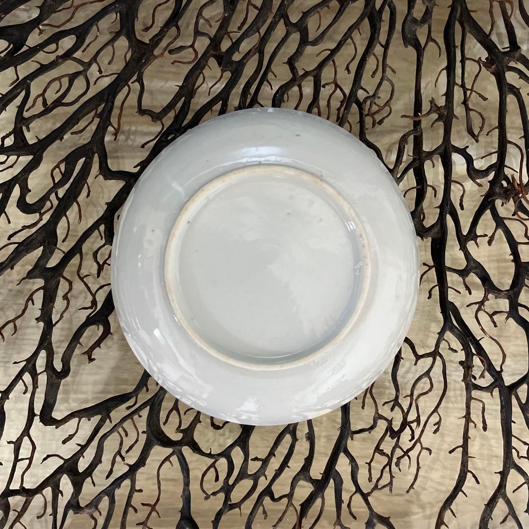 骨董　図変わり印判　希少　雪輪に福助　蓑亀　縁起図案　色絵印判　手塩皿　２客