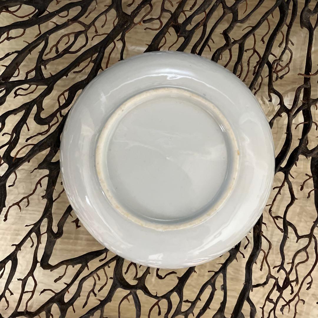 骨董　図変わり印判　希少　雪輪に福助　蓑亀　縁起図案　色絵印判　手塩皿　２客