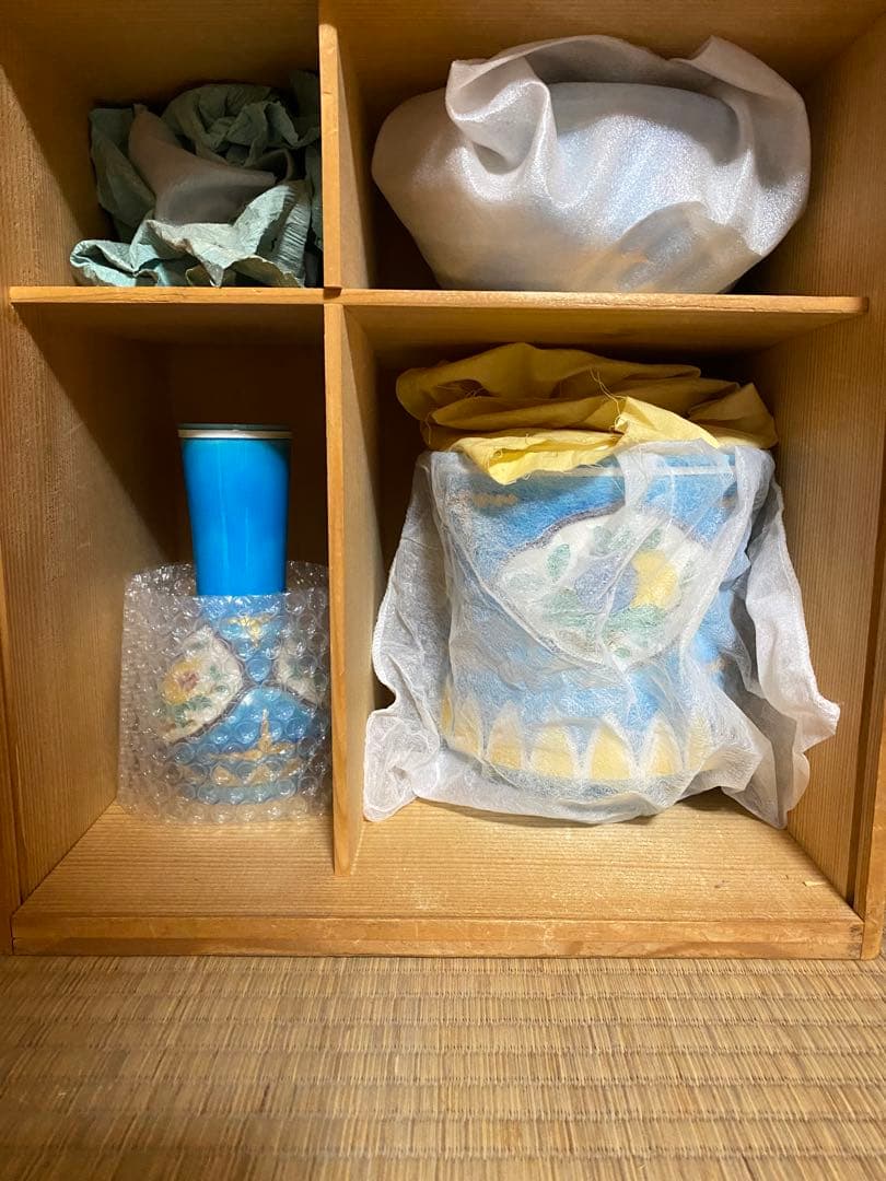 茶道具　翠嵐窯　宝泉造　木箱付 茶道具セット 四点 花鳥模様　青色陶器