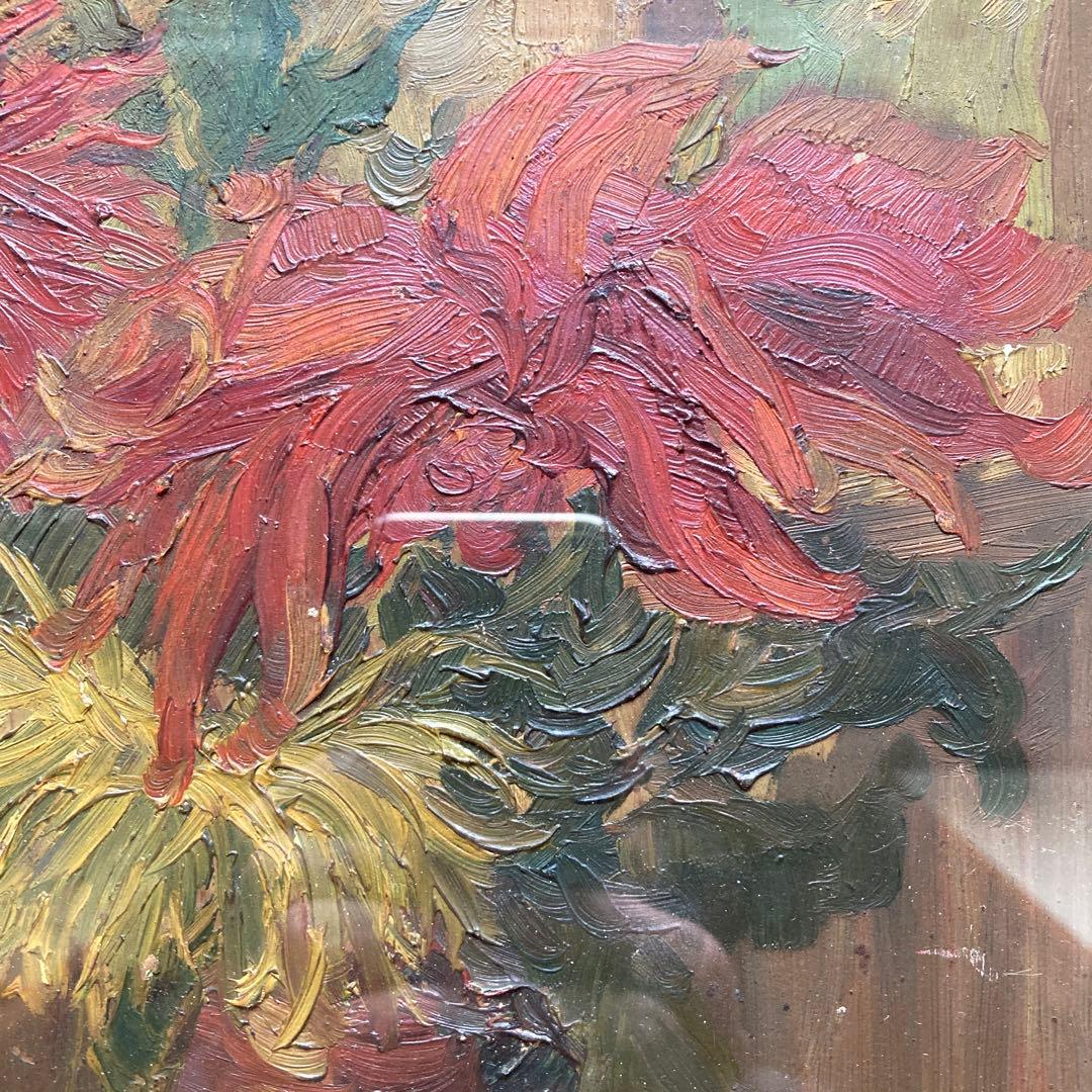 ＫKikuchi菊の花油絵静物画　額￼48.5×39.2×5絵33×23.5cm