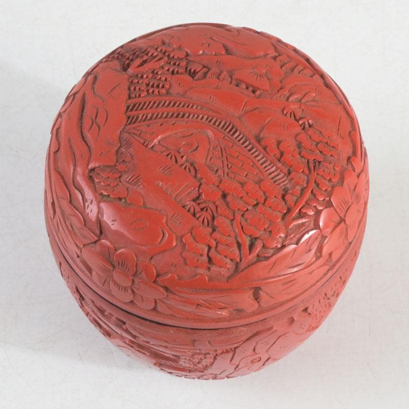 中国　剔紅　堆朱　花草山水刻　棗　時代箱　V　9767