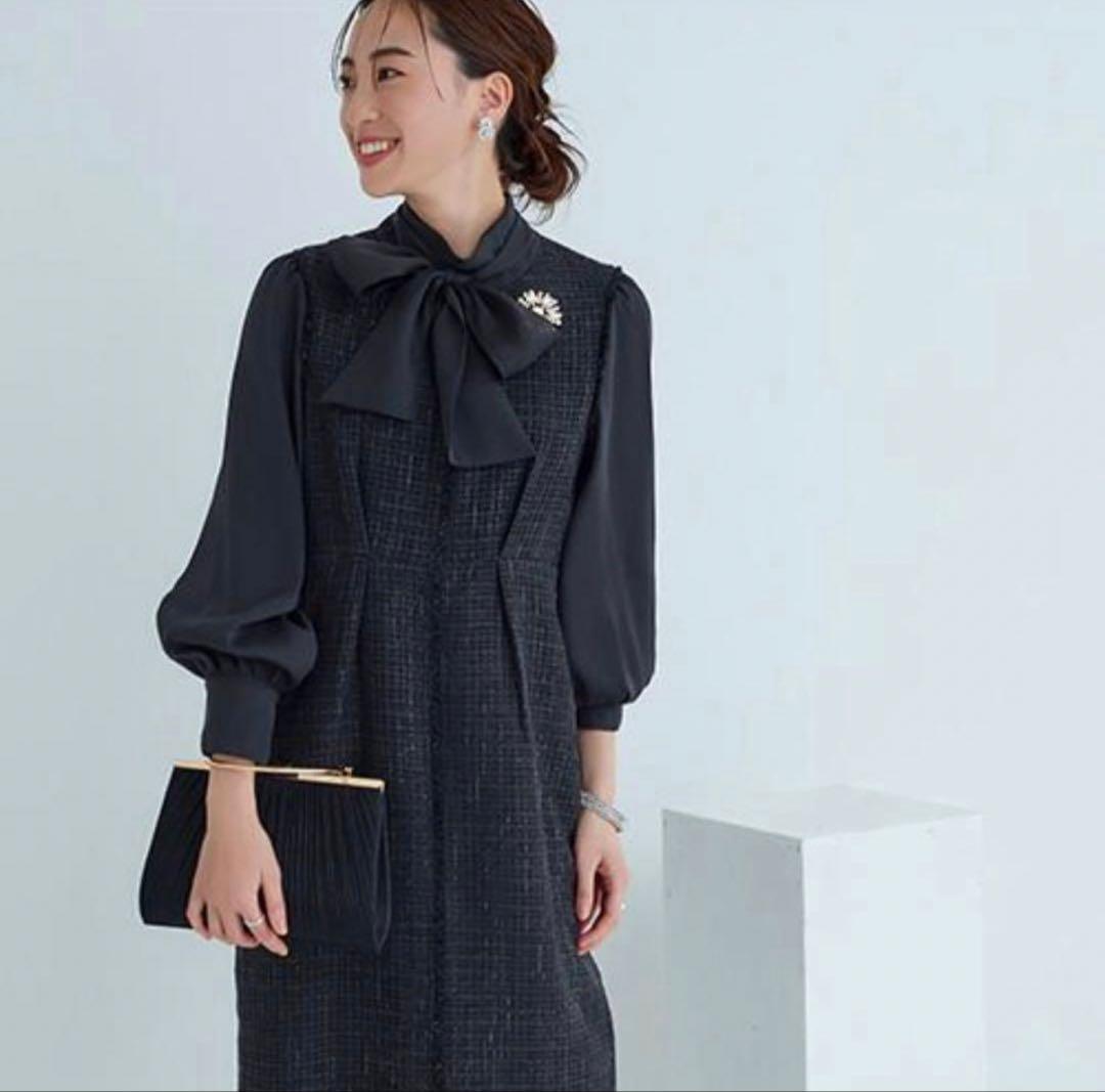 ルイルエブティック ワンピース ツイード ボウタイ リボン 黒 M