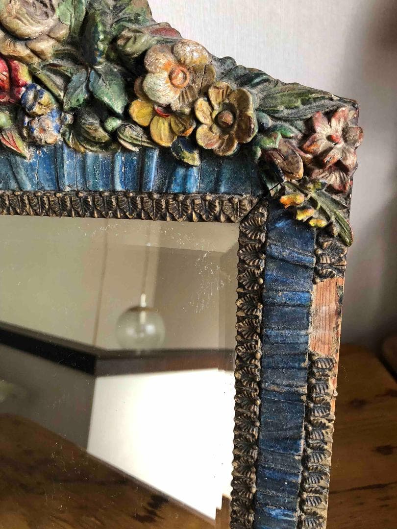 英国アンティークバーボラミラー/鏡/薔薇/ローズ柄 H33