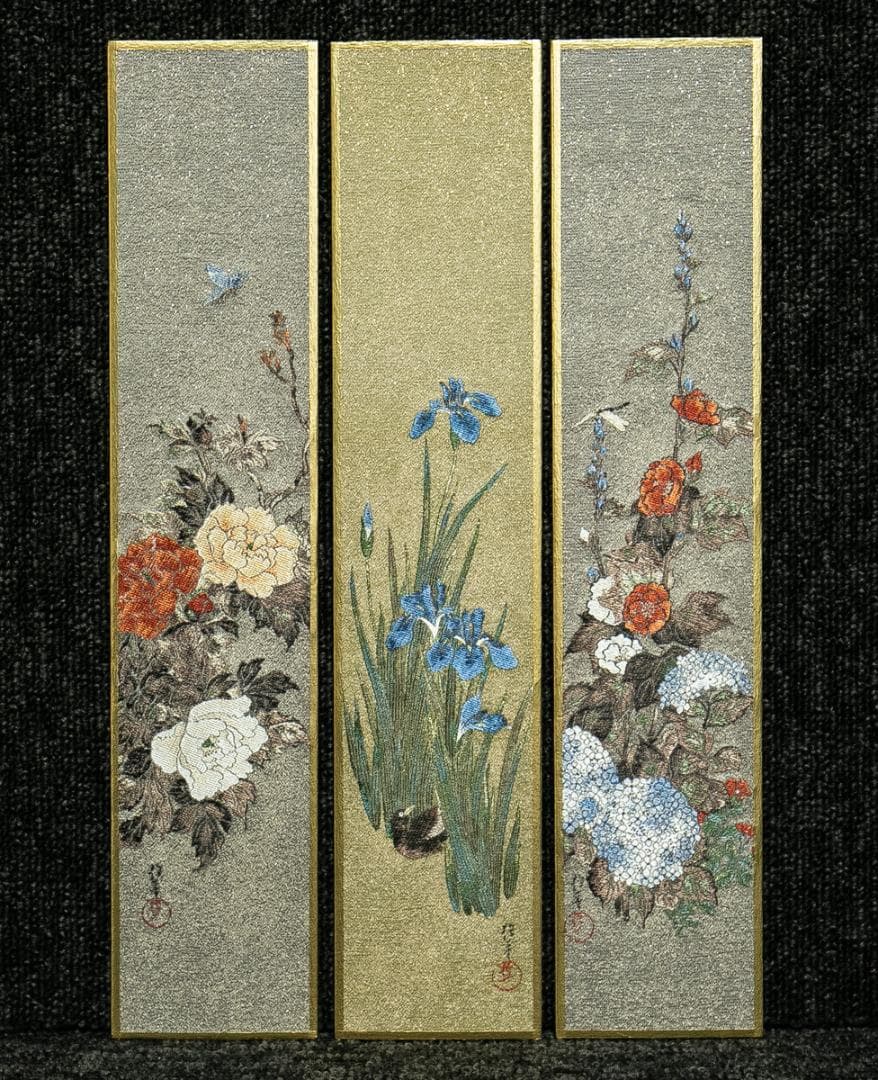 掛軸-1666　酒井抱一　花鳥十二ヶ月画帖　短冊　織物　西陣1800口織