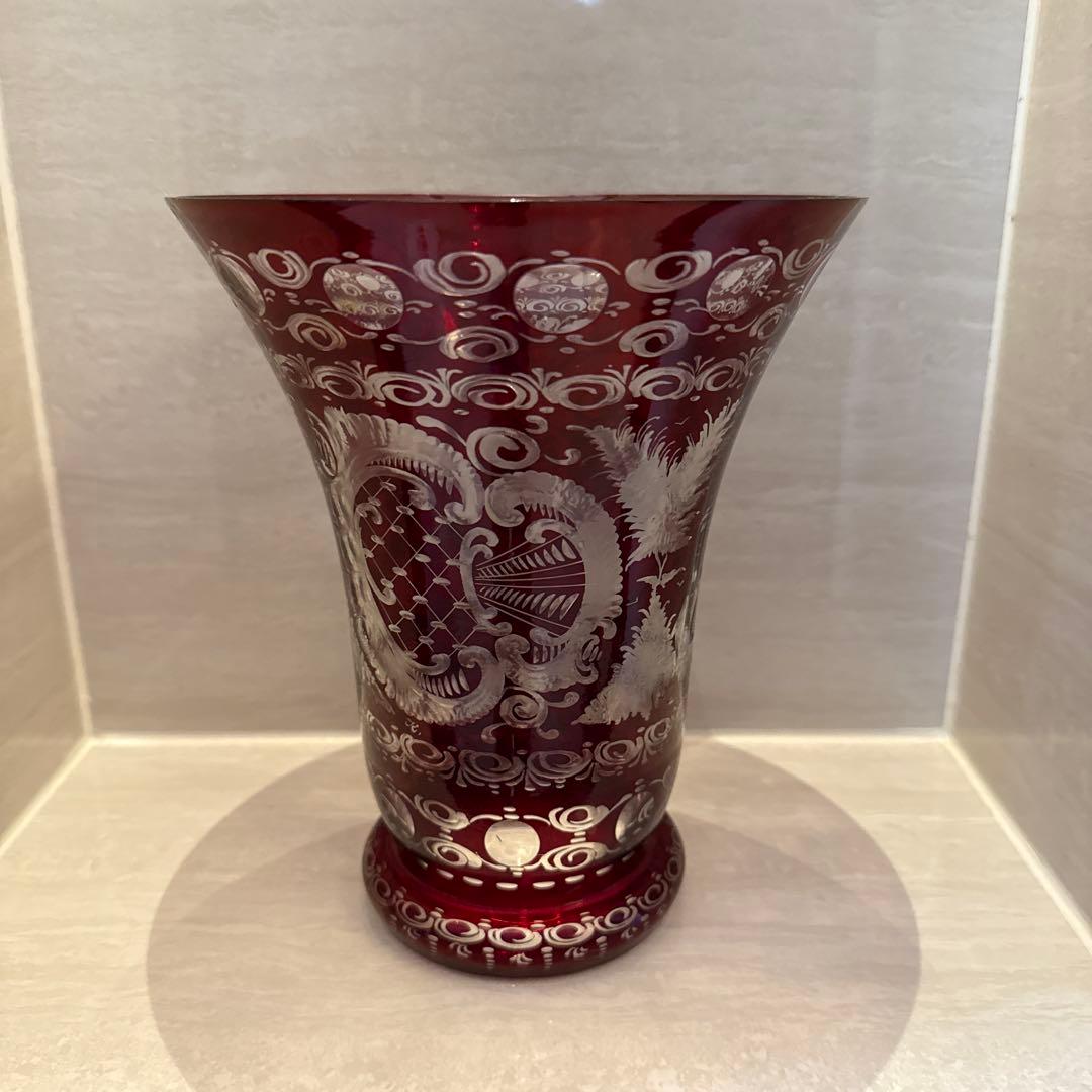 GLASS BOR のガラス製品赤色エッチングガラスフラワーベース