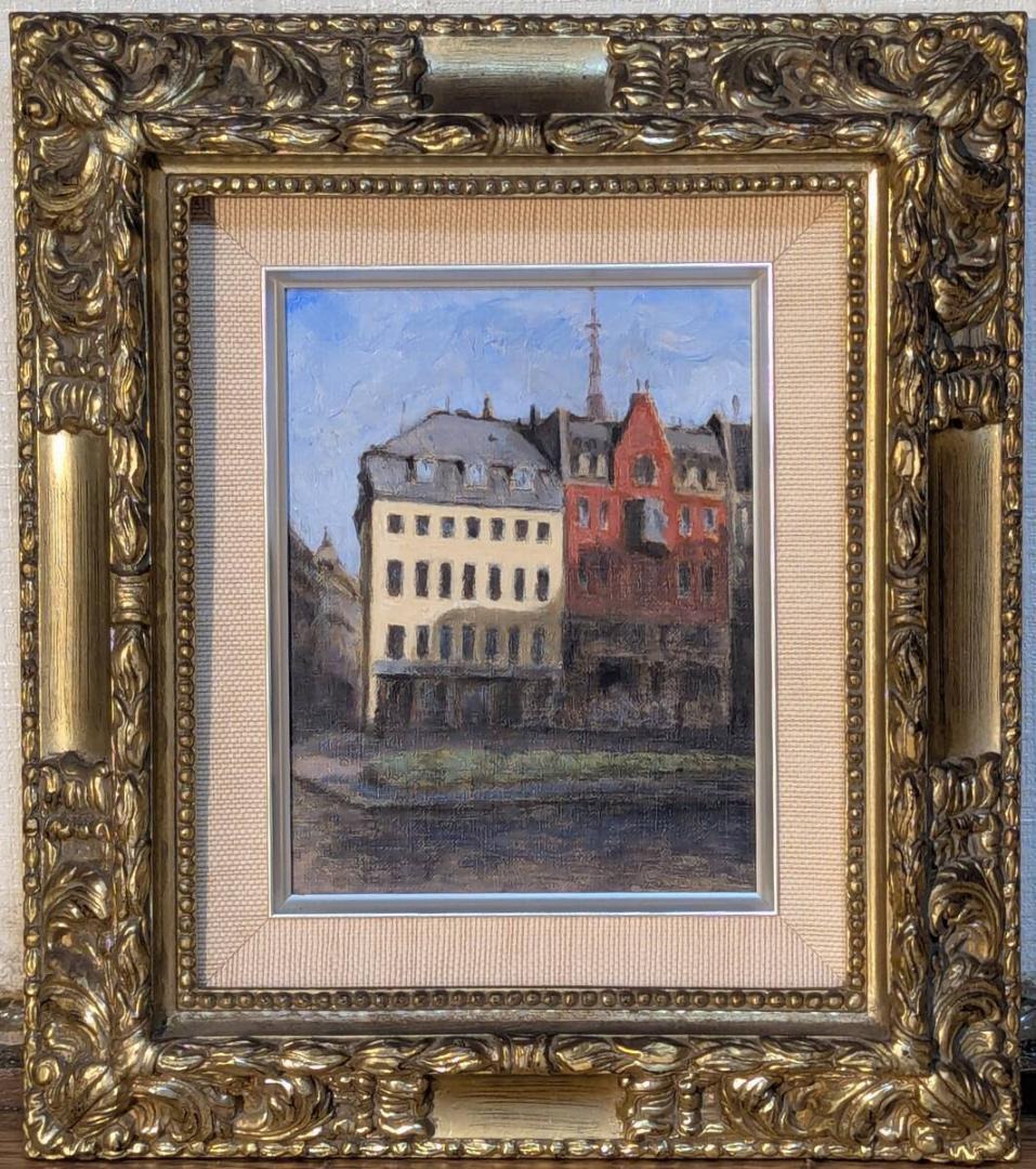 【真作】絵画　油彩0号　ヨーロッパの街角　西洋風建物の風景　X165