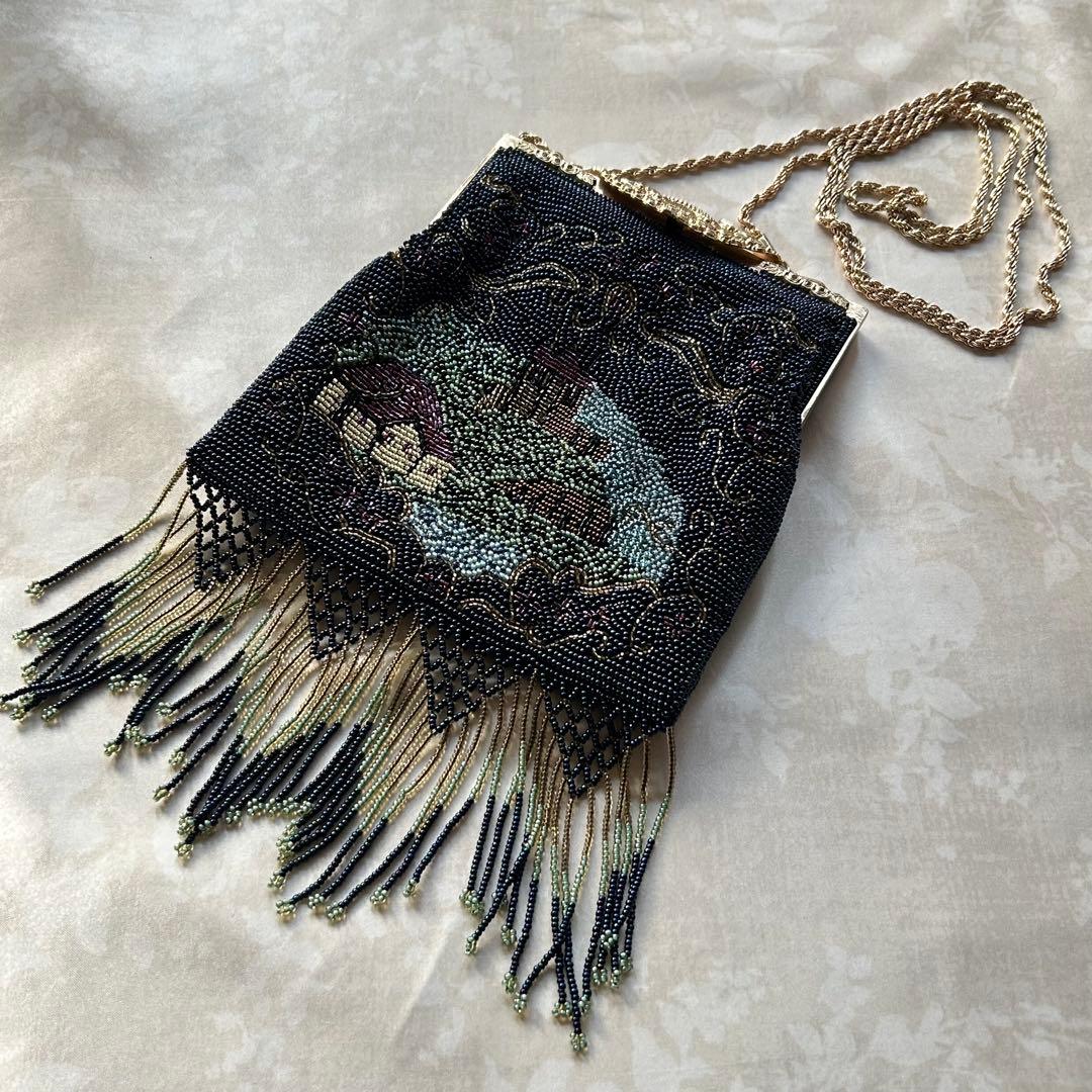 ビーズ刺繍 夜空　お城　ゴールドチェーンショルダーバッグ　フリンジ