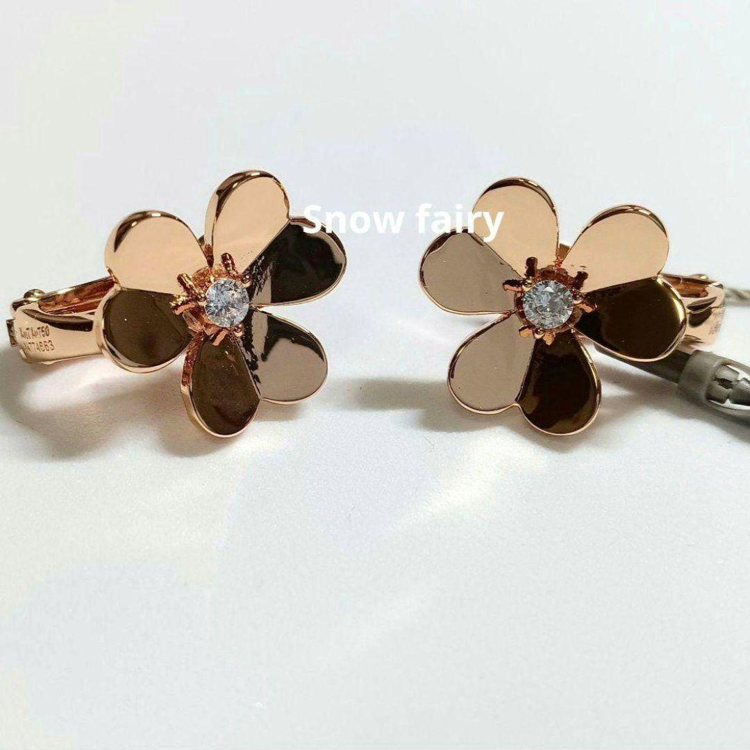 訳あり　三つ葉ピアス　フラワーピアス　 1ストーン付き　ピンクゴールドカラー