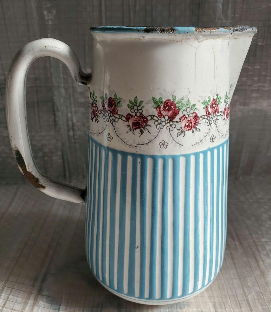 フランス　アンティーク　ホーロー　ジャグ　BB社　ローズガーランド　セット